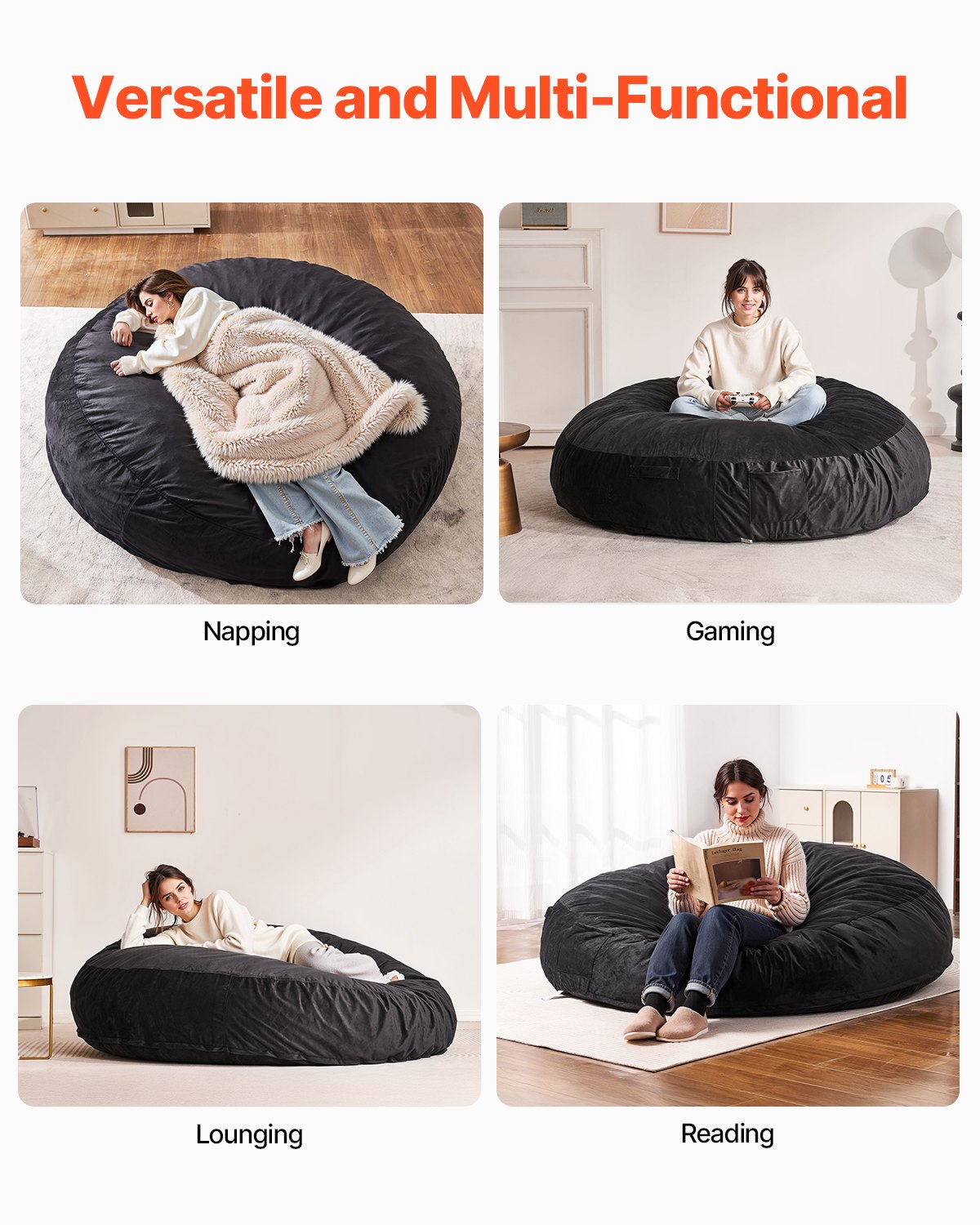 VEVOR Round Bean Bag Chair with Removable & Washable Cover for Adult Giant Black 