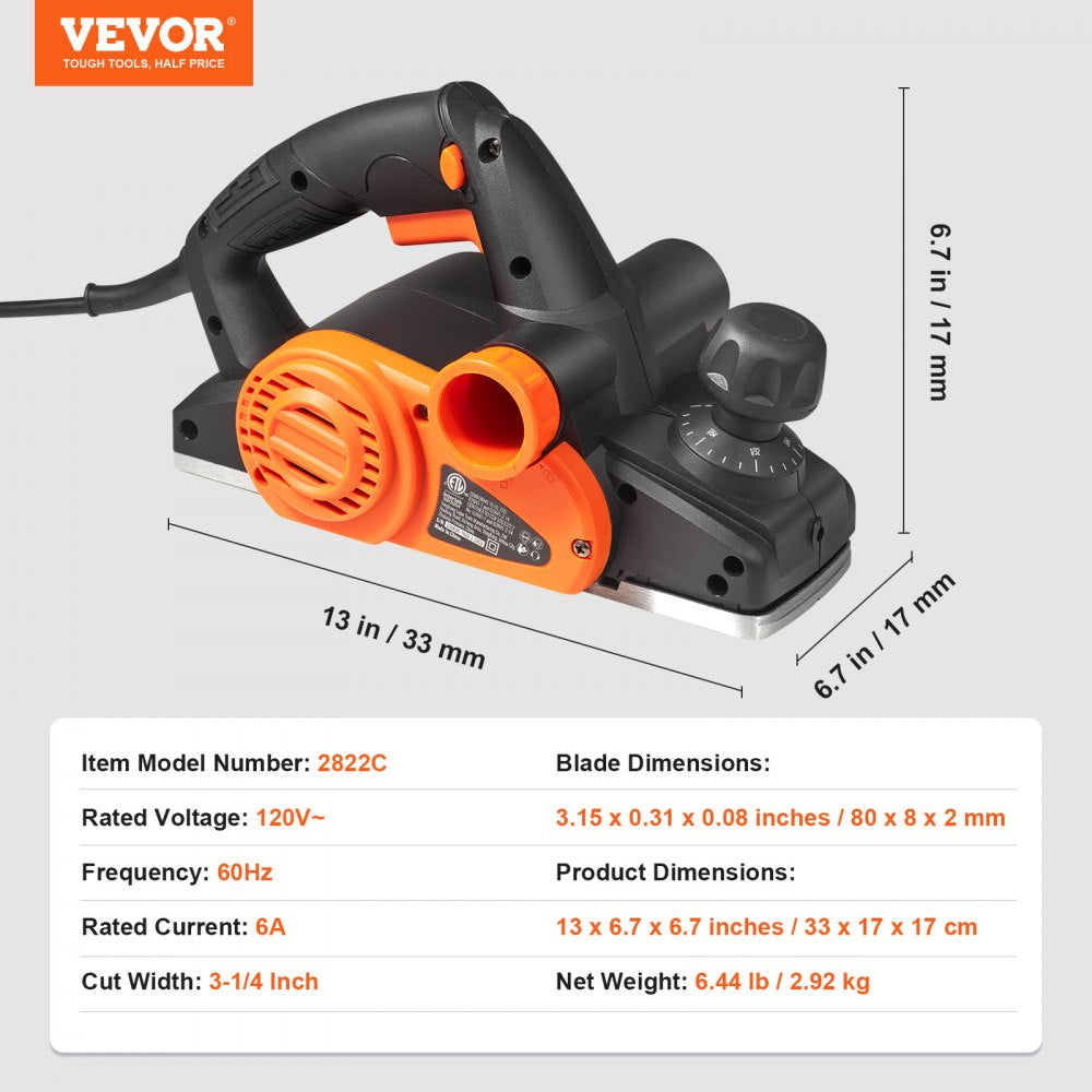 VEVOR Electric Hand Planer, 3-1/4" width Corded Electric Hand Planer, 16500 RPM High-Speed Powerful Electric Handheld Planers for Woodworking, Wood Chamfer DIY, Smooth Finish Carpentry Tool, FCC-SDoC 