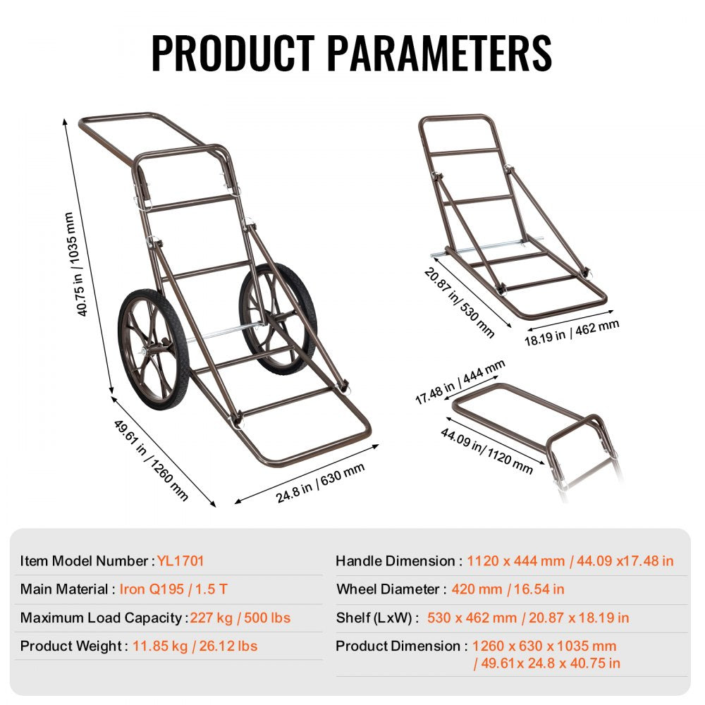 VEVOR Folding Deer Cart Game Hauler Utility Gear Dolly 500 LBS Capacity 