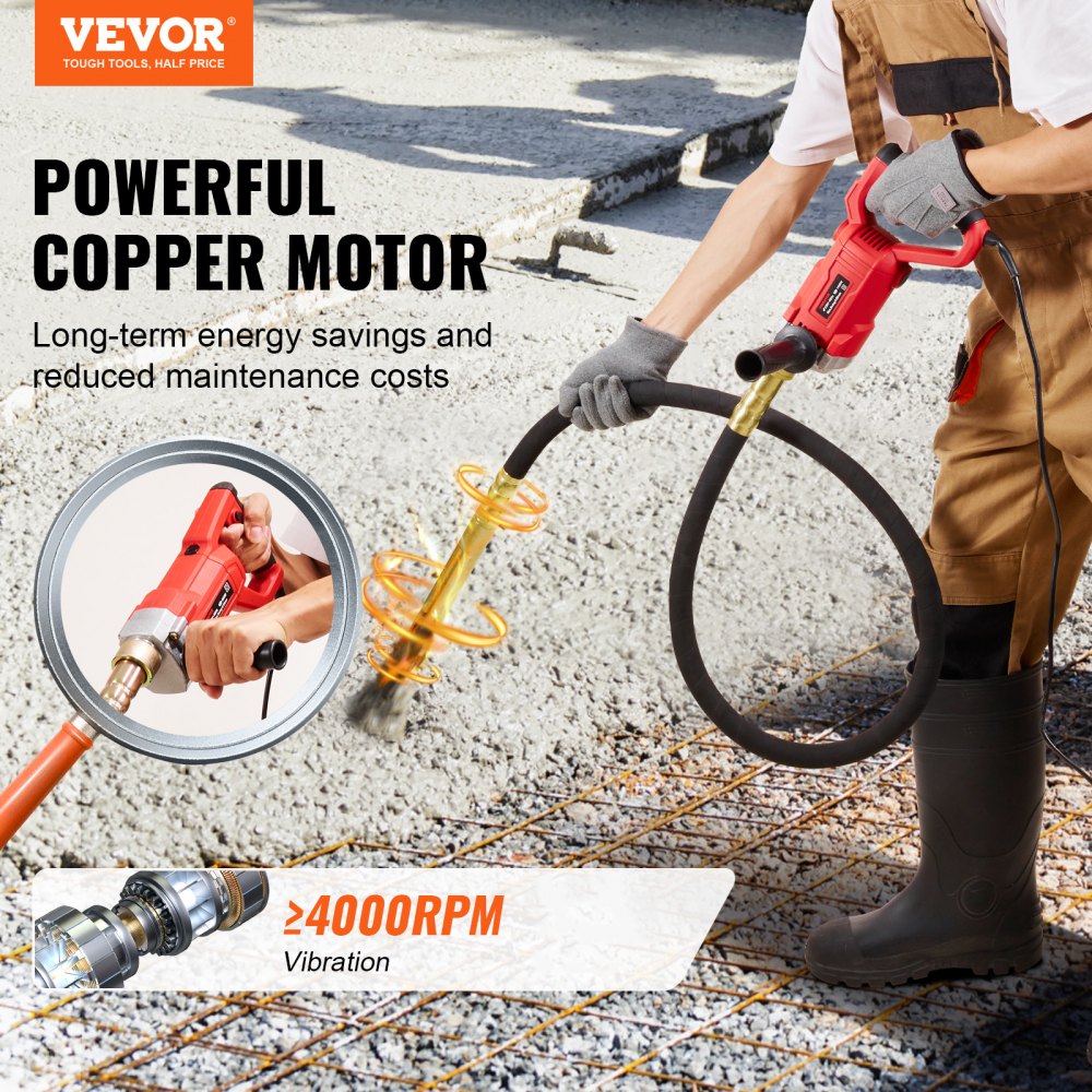 VEVOR Handheld Concrete Vibrator, 800W Electric Vibrator 13000 VPM, Electric Concrete Vibrating Tool With 6.6ft / 2m Shaft Rod, Portable Pencil Cement Vibrator Remove Air Bubble and Mix Concrete 