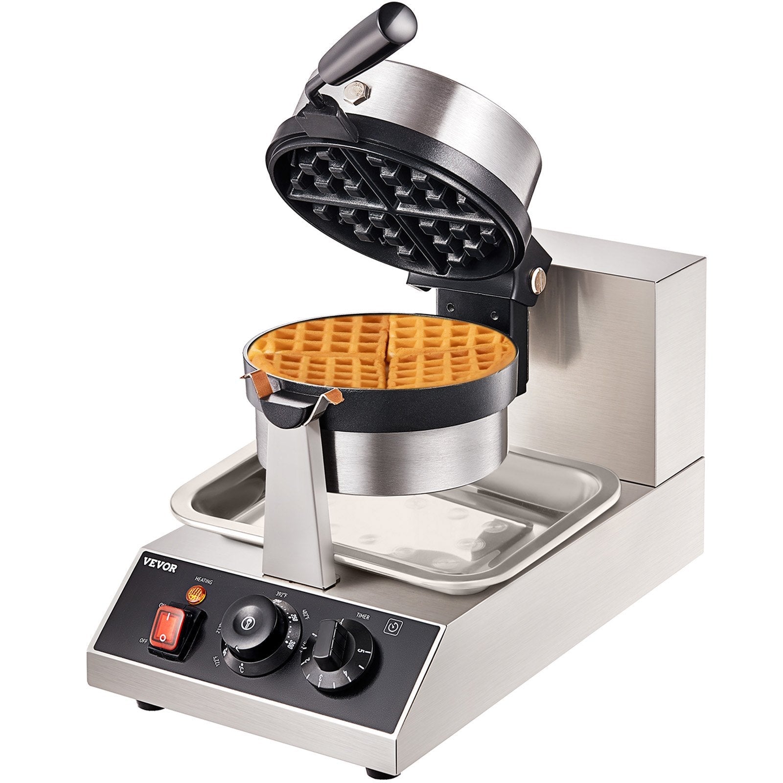VEVOR Commercial Waffle Maker, 1 Piece per Batch, 1300W Round Waffle Iron, Non-Stick Waffle Baker Machine with 122-572? / 50-300? Temp Range Teflon-Coated Baking Pans Stainless Steel Body, 120V 