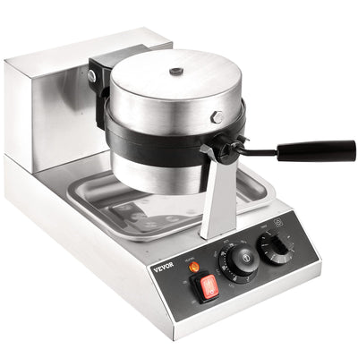 VEVOR Commercial Waffle Maker, 1 Piece per Batch, 1300W Round Waffle Iron, Non-Stick Waffle Baker Machine with 122-572? / 50-300? Temp Range Teflon-Coated Baking Pans Stainless Steel Body, 120V 