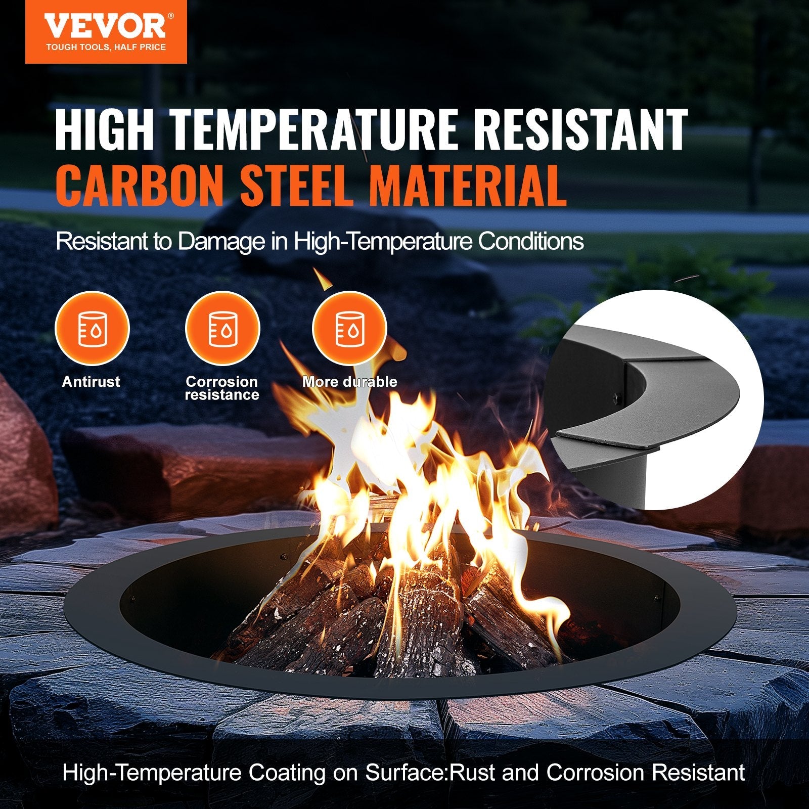 VEVOR Fire Pit Ring Round 36 Inch Outer Steel Liner DIY Campfire Ring Firepit 