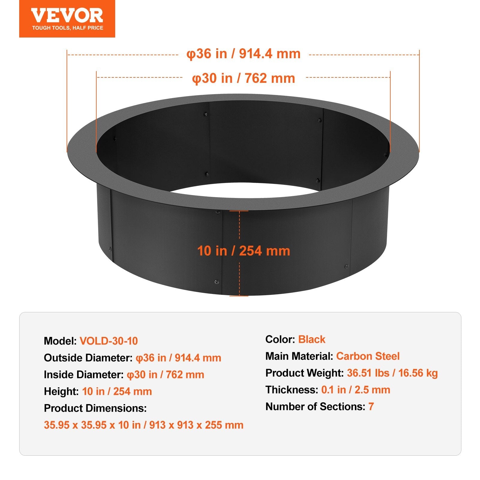 VEVOR Fire Pit Ring Round 36 Inch Outer Steel Liner DIY Campfire Ring Firepit 