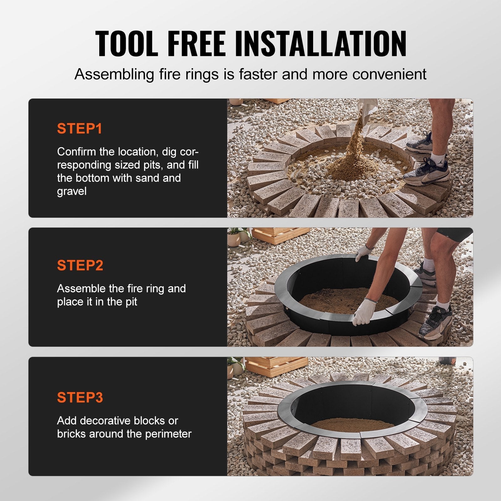 VEVOR Fire Pit Ring Round 40 Inch Outer Steel Liner DIY Campfire Ring Firepit 
