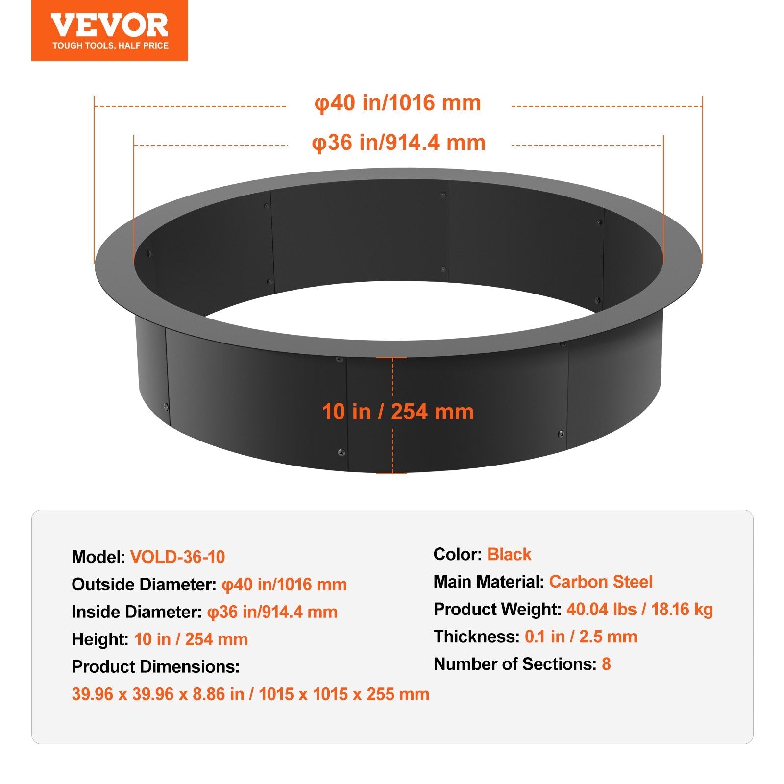 VEVOR Fire Pit Ring Round 40 Inch Outer Steel Liner DIY Campfire Ring Firepit 