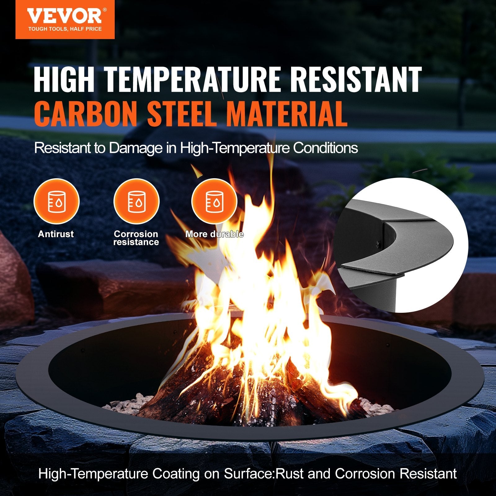 VEVOR Fire Pit Ring Round 44 Inch Outer Steel Liner DIY Campfire Ring Firepit 
