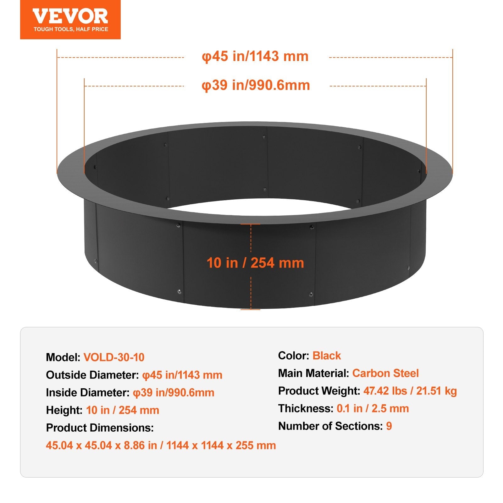 VEVOR Fire Pit Ring Round 44 Inch Outer Steel Liner DIY Campfire Ring Firepit 