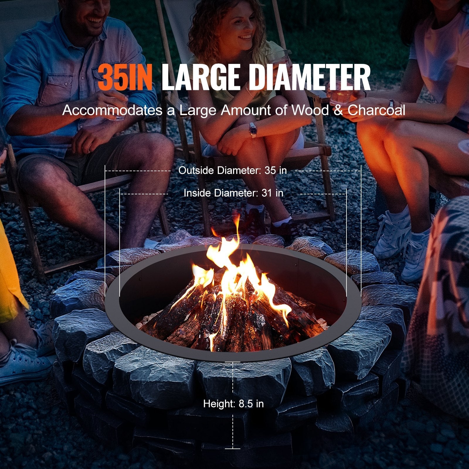 VEVOR Fire Pit Ring Round 35 Inch Outer Steel Liner DIY Campfire Ring Firepit 