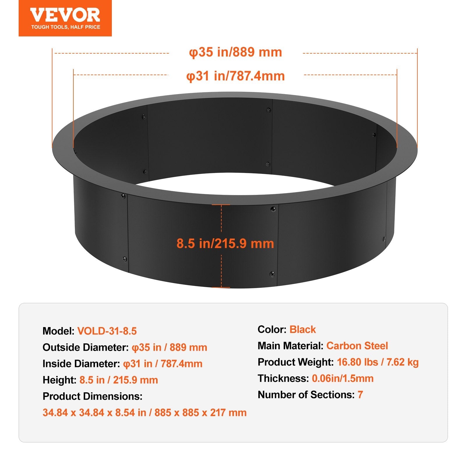 VEVOR Fire Pit Ring Round 35 Inch Outer Steel Liner DIY Campfire Ring Firepit 