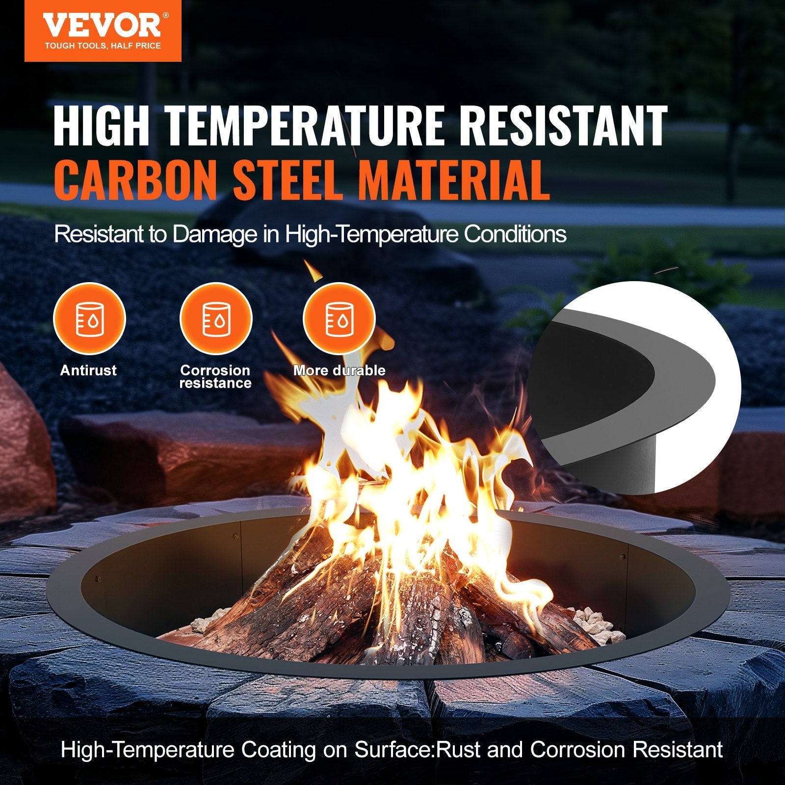 VEVOR Fire Pit Ring Round 40” Outer 36” Inner Steel Liner DIY Campfire Firepit 