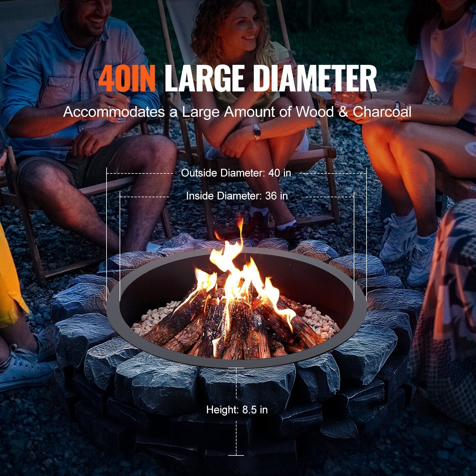 VEVOR Fire Pit Ring Round 40” Outer 36” Inner Steel Liner DIY Campfire Firepit 