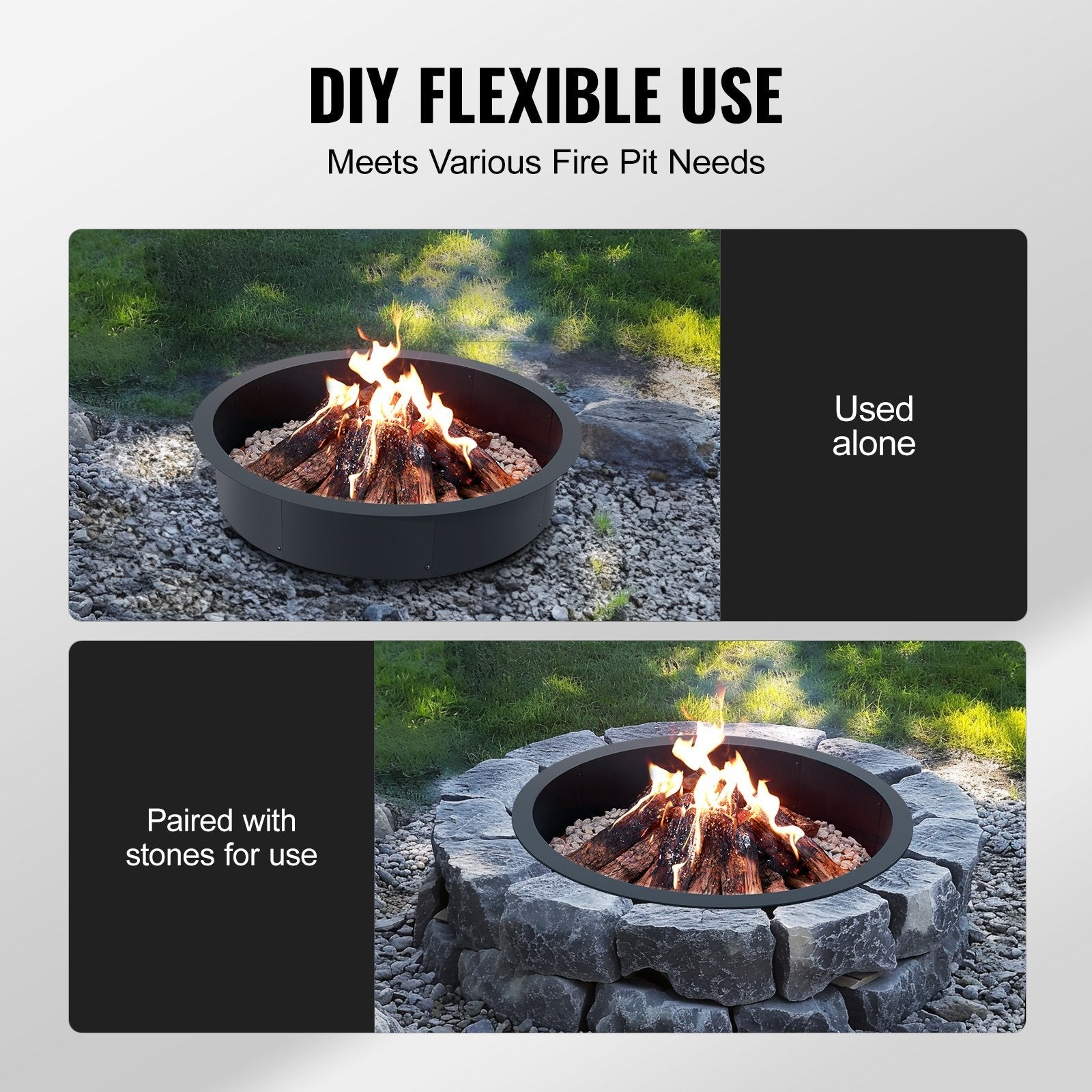 VEVOR Fire Pit Ring Round 40” Outer 36” Inner Steel Liner DIY Campfire Firepit 