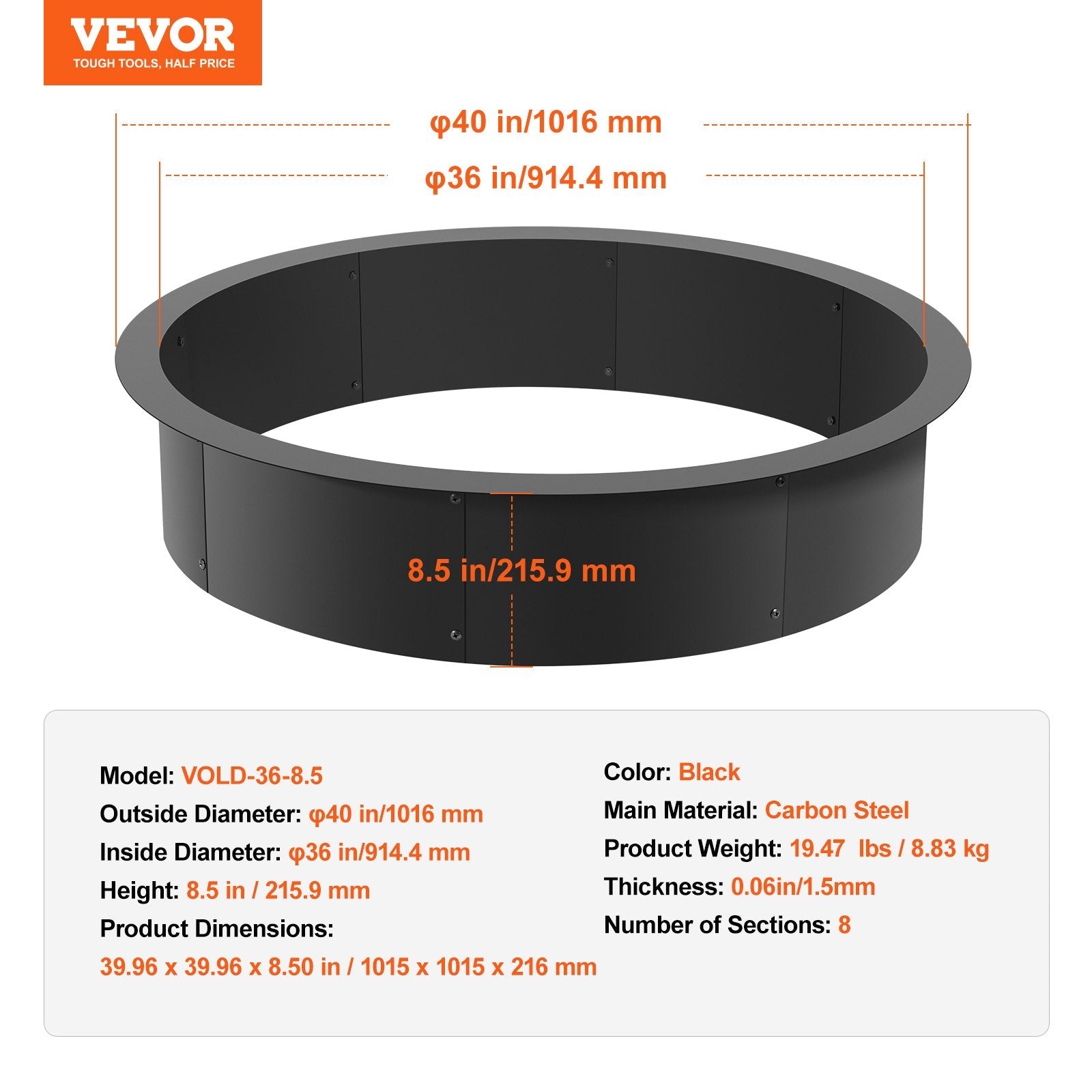 VEVOR Fire Pit Ring Round 40” Outer 36” Inner Steel Liner DIY Campfire Firepit 
