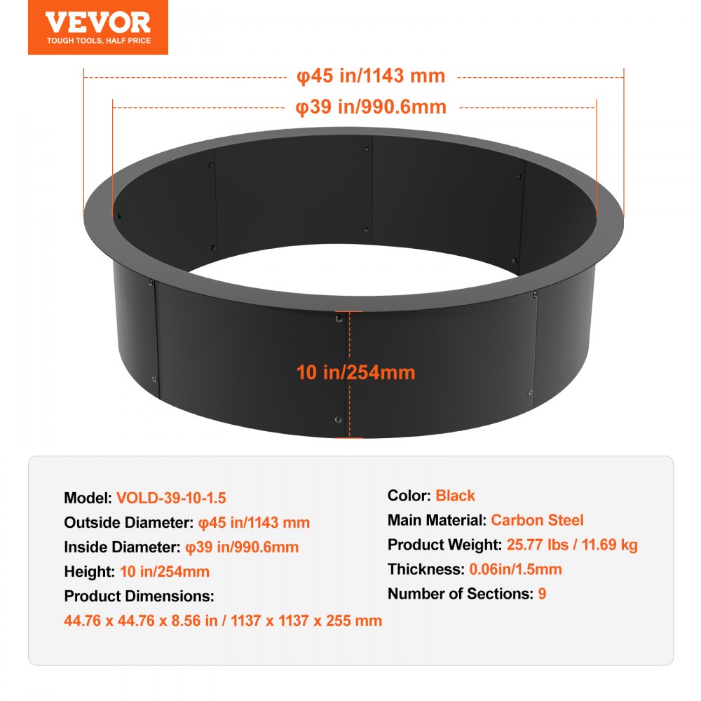 VEVOR Fire Pit Ring Round 45 Inch Outer Steel Liner DIY Campfire Ring Firepit 