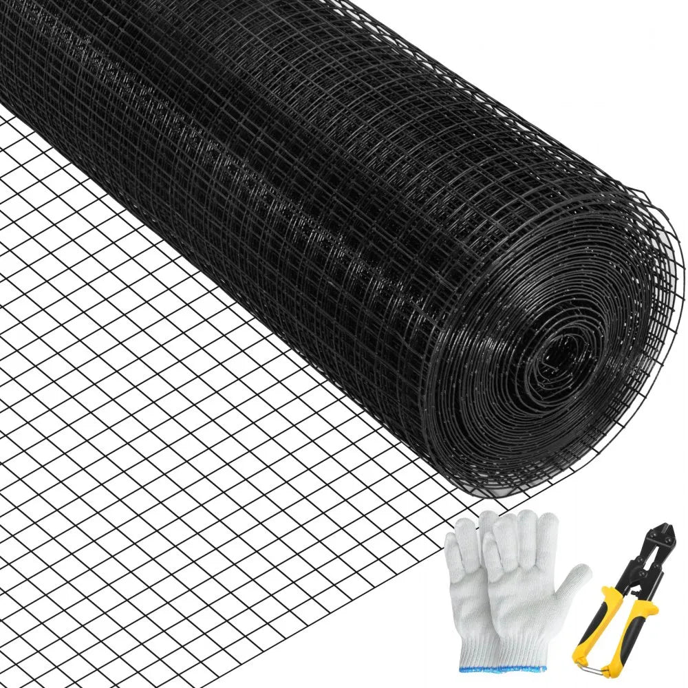 VEVOR Hardware Cloth, 24" x 100' & 1"x1" Mesh Size, Galvanized Steel Vinyl Coated 16 gauge Welded Wire, w/A Cutting Plier & A Pair of Fabric Gloves, for Garden Fencing & Pet Enclosures, Black