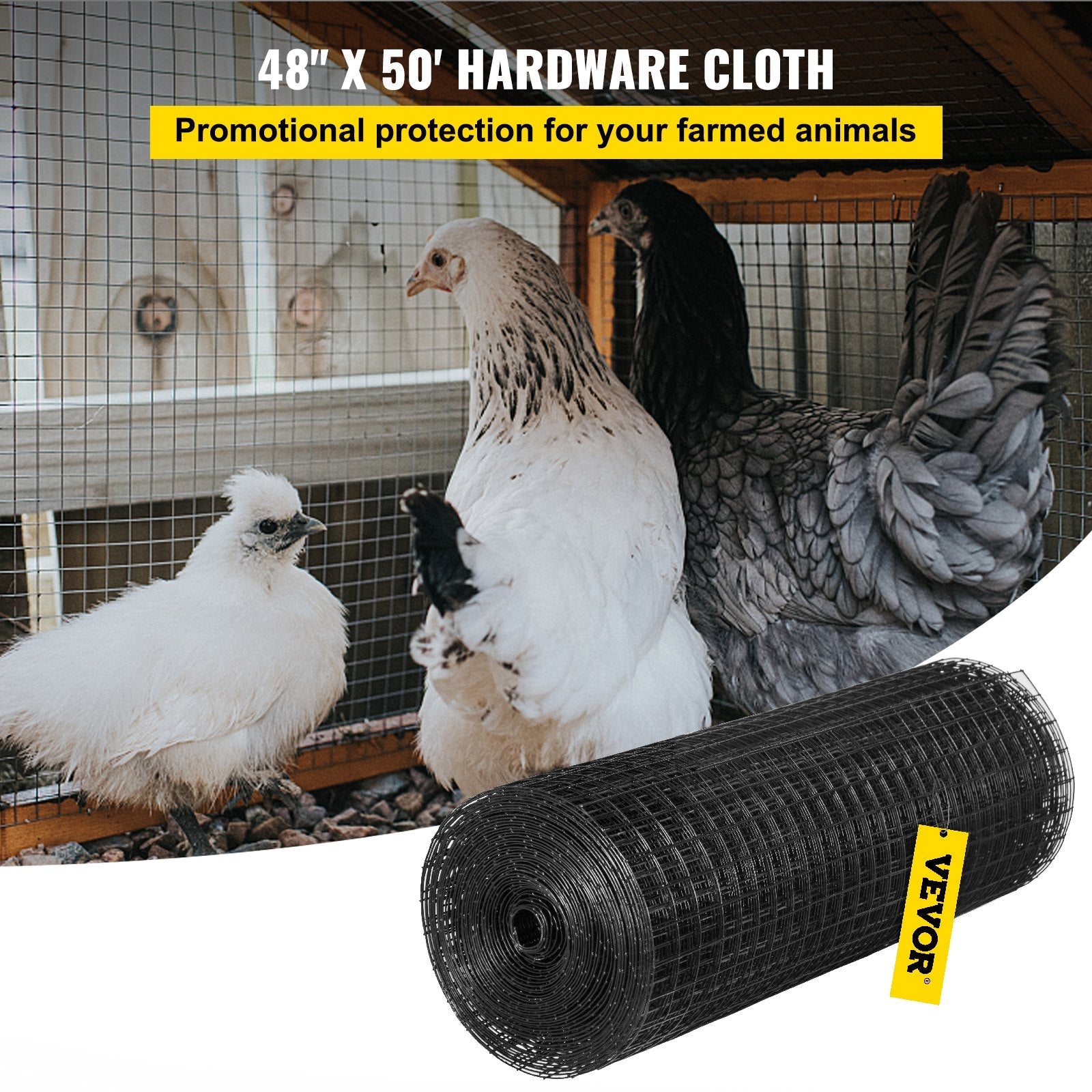 VEVOR Hardware Cloth, 48" x 50' & 1"x1" Mesh Size, Galvanized Steel Vinyl Coated 16 gauge Welded Wire, w/A Cutting Plier & A Pair of Fabric Gloves, for Garden Fencing & Pet Enclosures, Black 