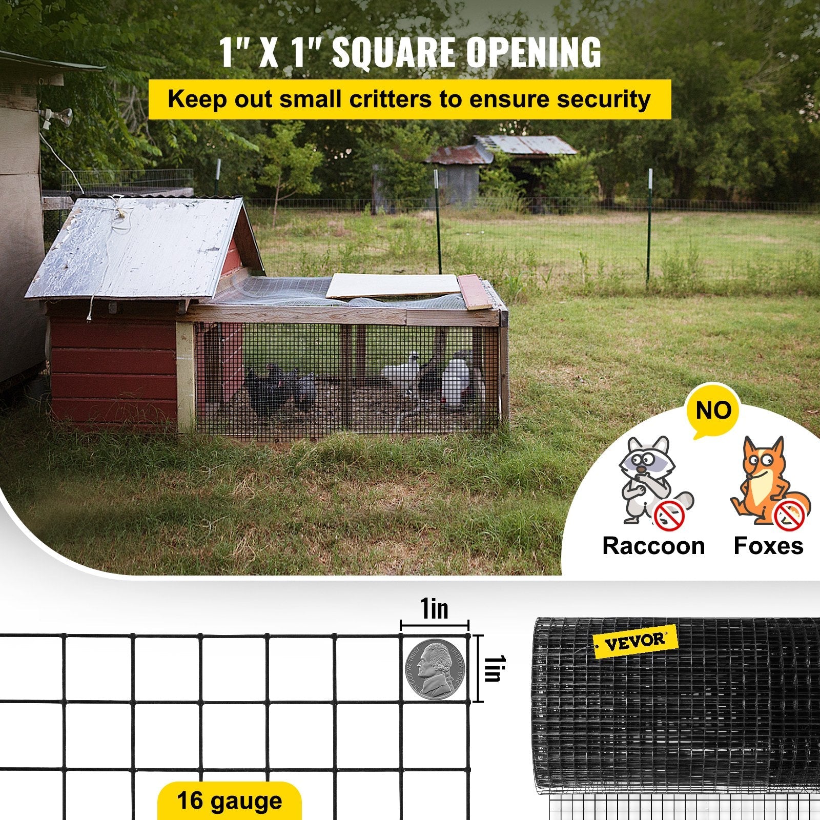 VEVOR Hardware Cloth, 48" x 50' & 1"x1" Mesh Size, Galvanized Steel Vinyl Coated 16 gauge Welded Wire, w/A Cutting Plier & A Pair of Fabric Gloves, for Garden Fencing & Pet Enclosures, Black 