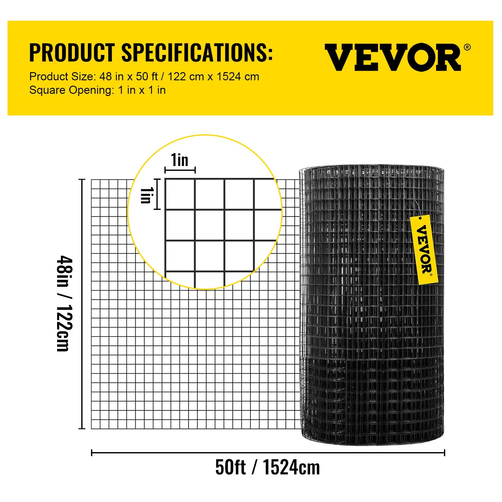 VEVOR Hardware Cloth, 48" x 50' & 1"x1" Mesh Size, Galvanized Steel Vinyl Coated 16 gauge Welded Wire, w/A Cutting Plier & A Pair of Fabric Gloves, for Garden Fencing & Pet Enclosures, Black 