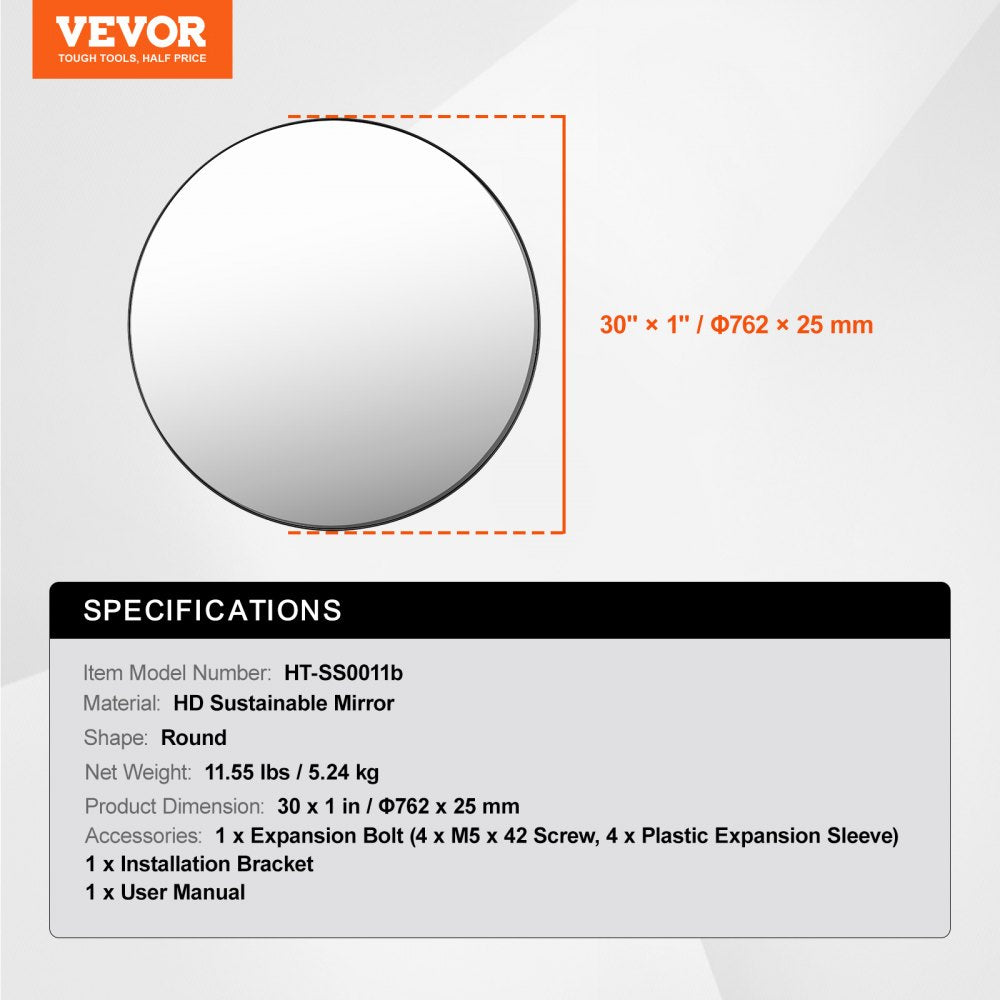 VEVOR Round Wall Mounted Mirror 30 in Mirror with Aluminium Alloy Frame 