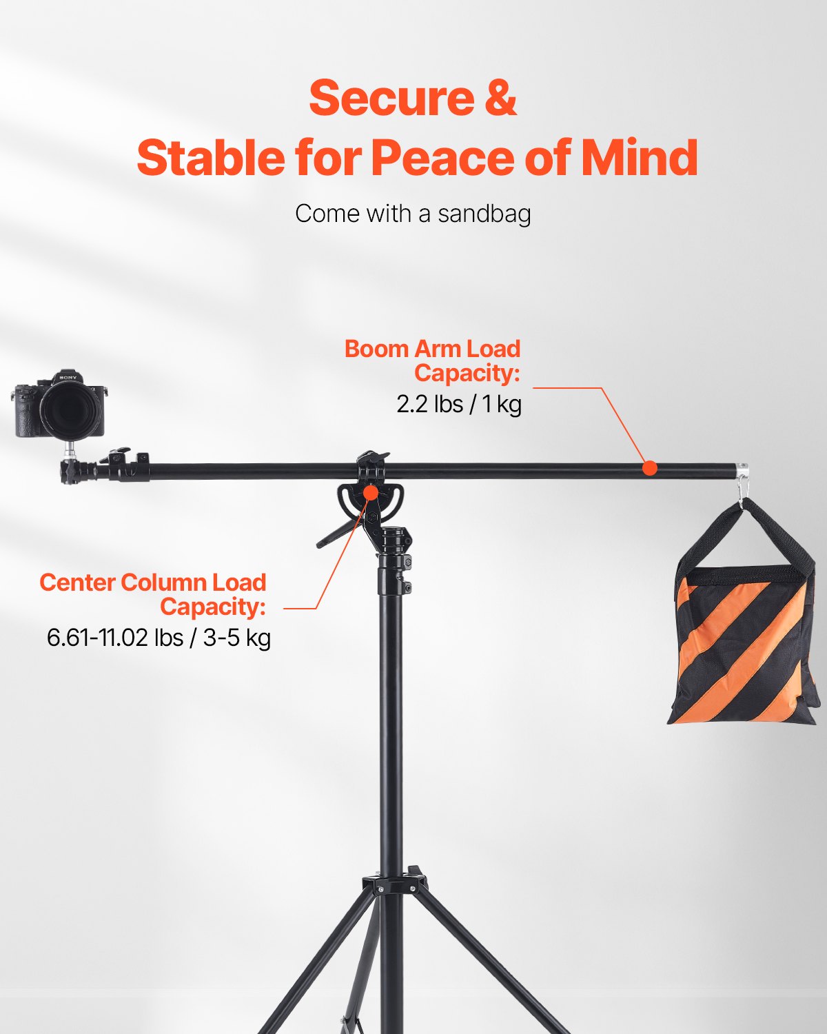 VEVOR Air Cushioned Aluminum Photography Light Stand with Boom Arm Adjustable 