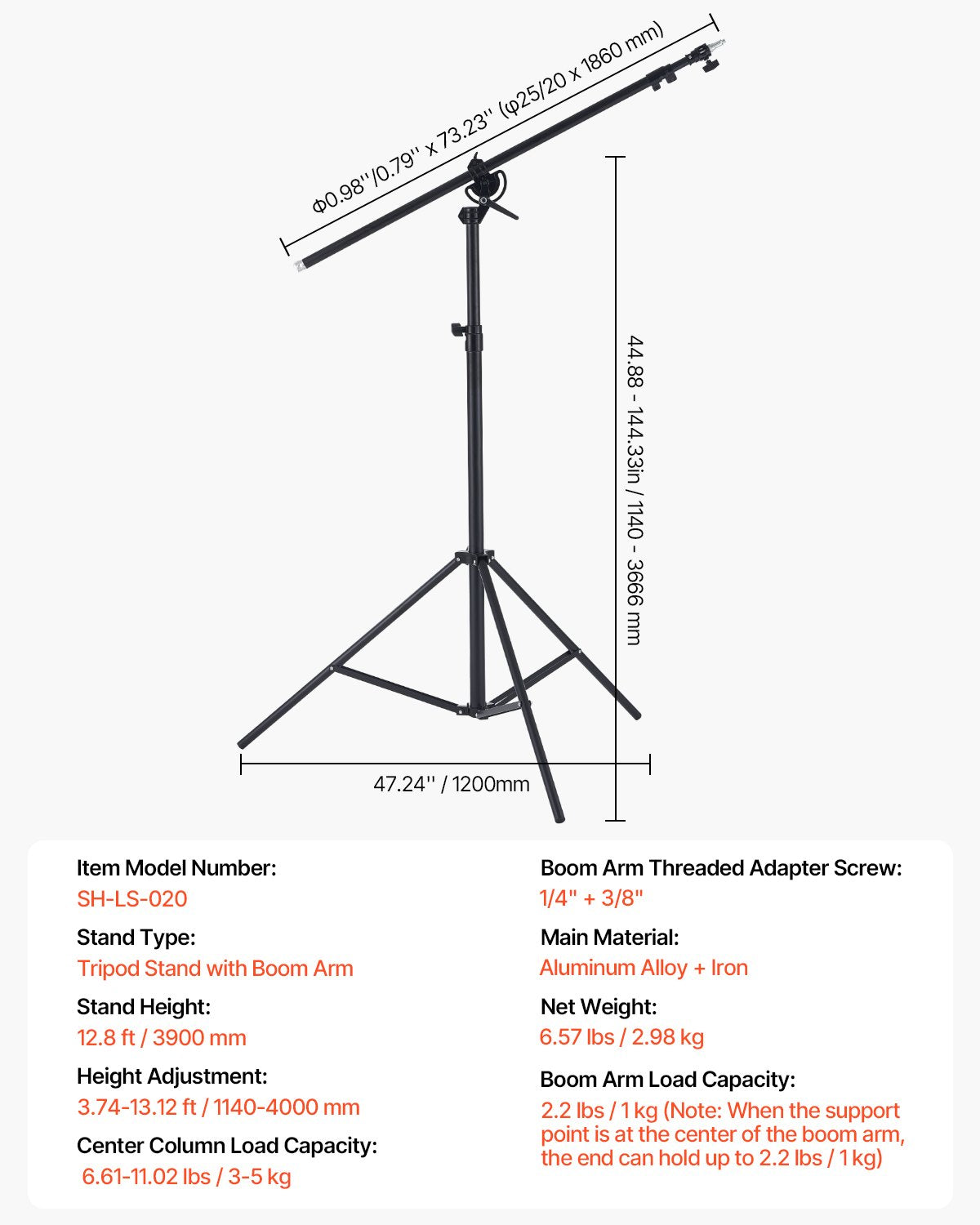 VEVOR Air Cushioned Aluminum Photography Light Stand with Boom Arm Adjustable 