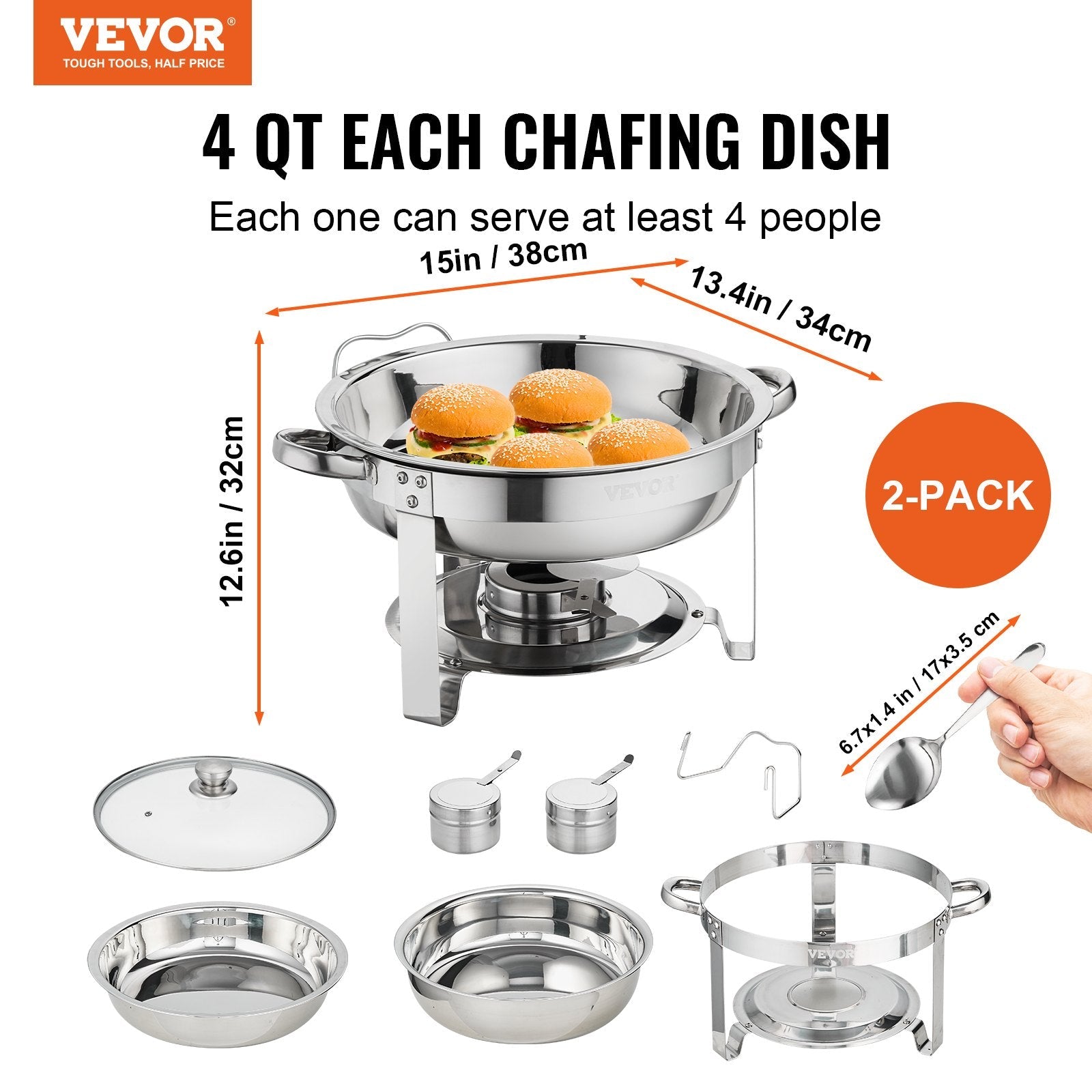 VEVOR 2-Pack Round Chafing Dish Set with Full-Size 4Qt Pan Glass Lid Fuel Holder 