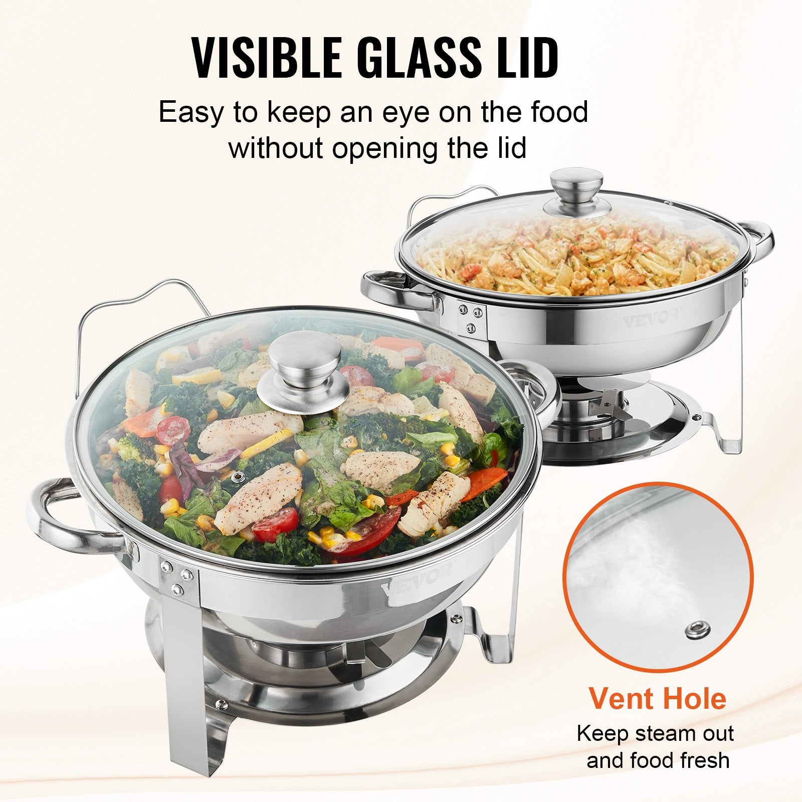 VEVOR 2-Pack Round Chafing Dish Set with Full-Size 4Qt Pan Glass Lid Fuel Holder 