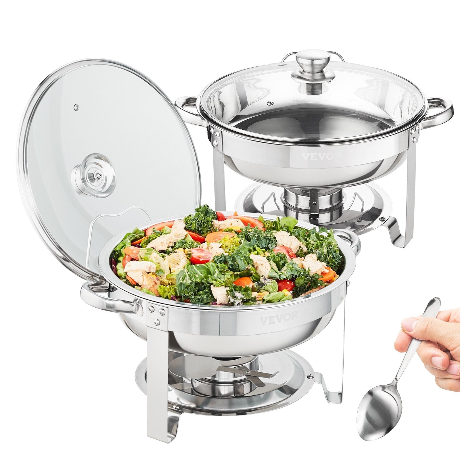 VEVOR 2-Pack Round Chafing Dish Set with Full-Size 4Qt Pan Glass Lid Fuel Holder 