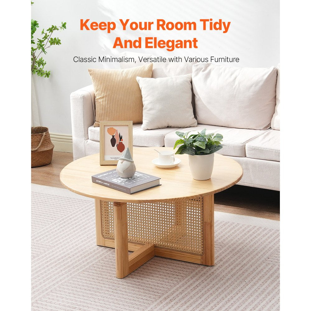 VEVOR Rattan Coffee Table Round Wood Coffee Table Single Tier for Living Room 