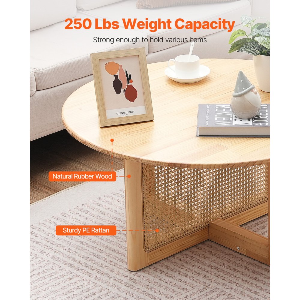 VEVOR Rattan Coffee Table Round Wood Coffee Table Single Tier for Living Room 