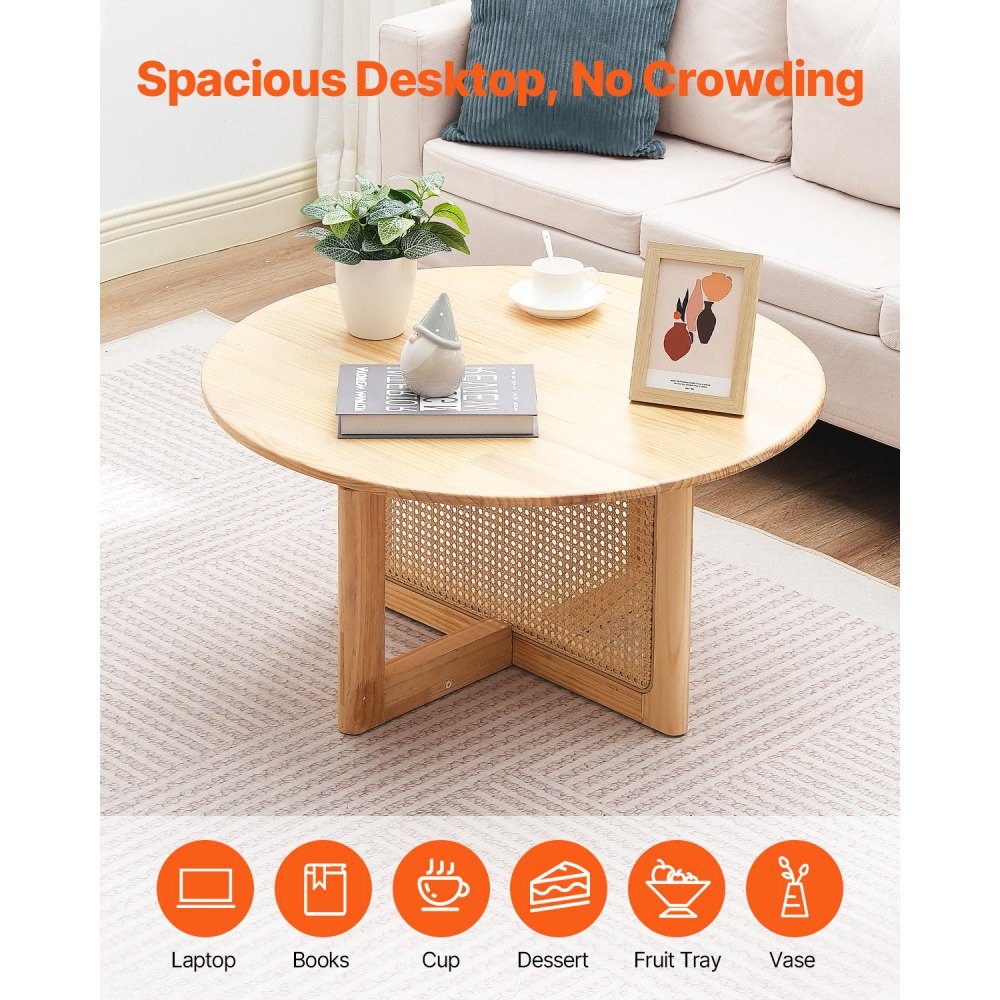 VEVOR Rattan Coffee Table Round Wood Coffee Table Single Tier for Living Room 