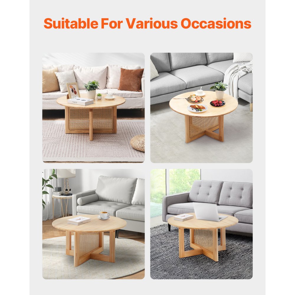 VEVOR Rattan Coffee Table Round Wood Coffee Table Single Tier for Living Room 