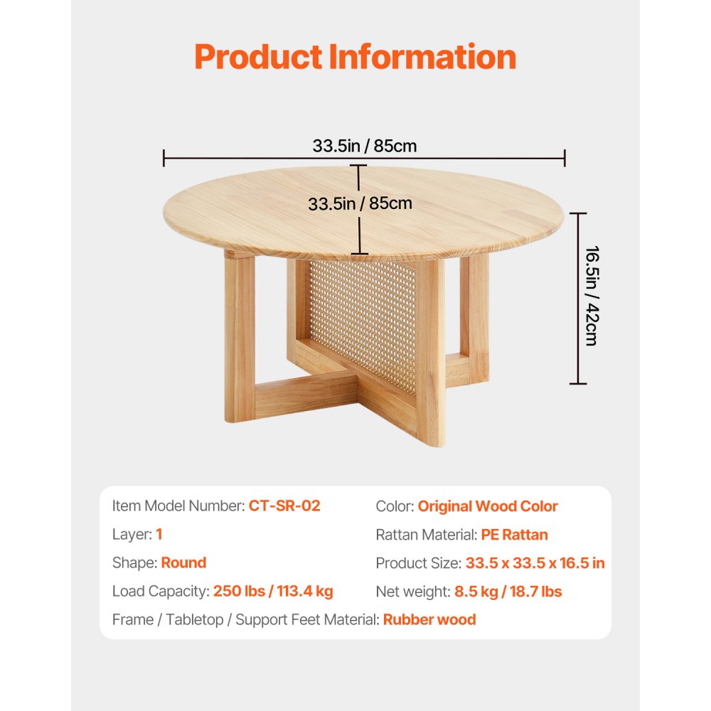 VEVOR Rattan Coffee Table Round Wood Coffee Table Single Tier for Living Room 