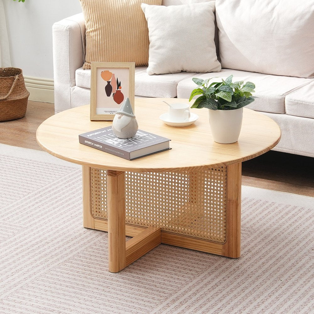 VEVOR Rattan Coffee Table Round Wood Coffee Table Single Tier for Living Room 