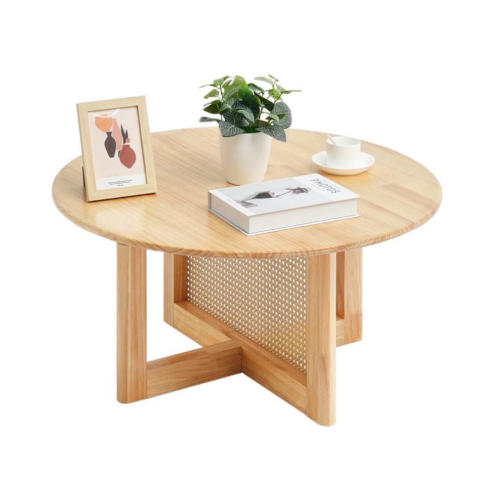VEVOR Rattan Coffee Table Round Wood Coffee Table Single Tier for Living Room 