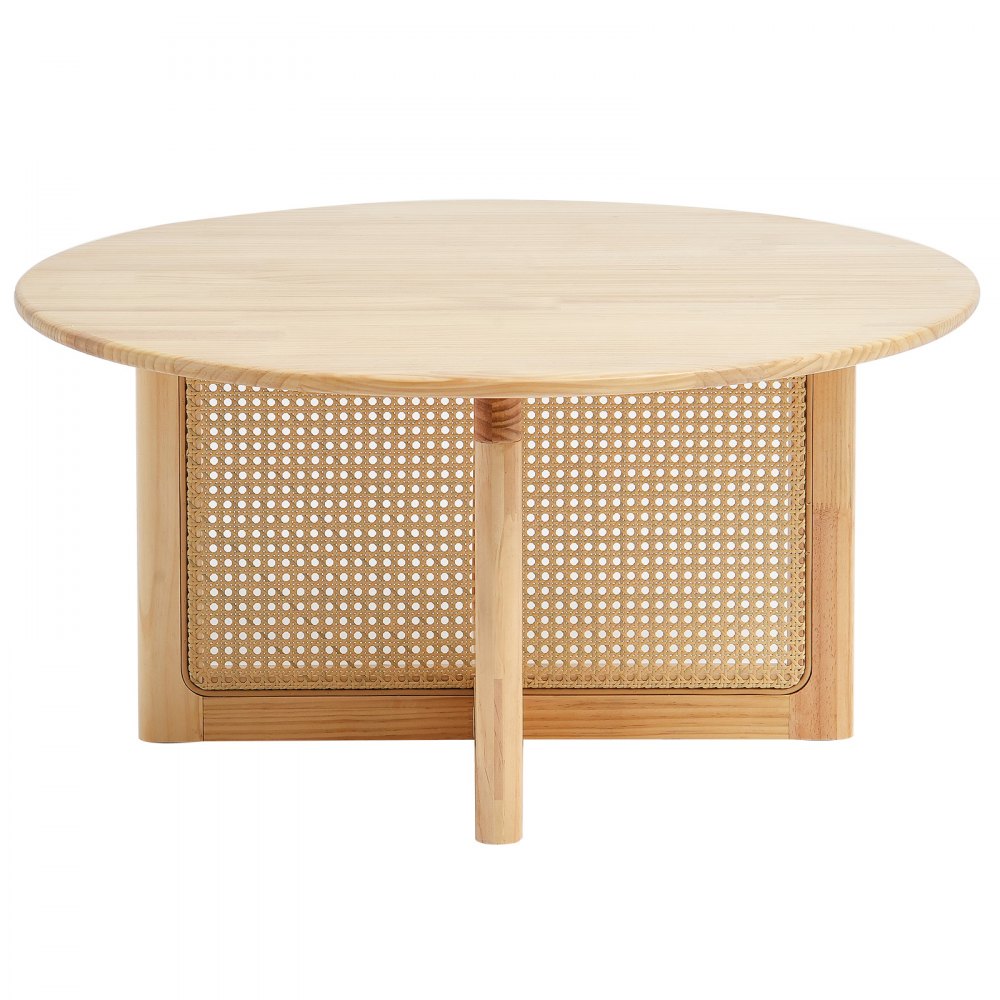 VEVOR Rattan Coffee Table Round Wood Coffee Table Single Tier for Living Room 