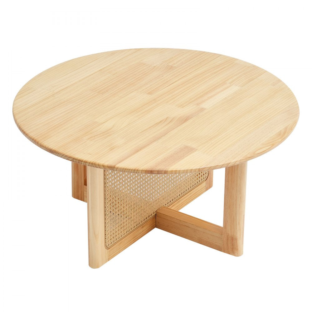 VEVOR Rattan Coffee Table Round Wood Coffee Table Single Tier for Living Room 