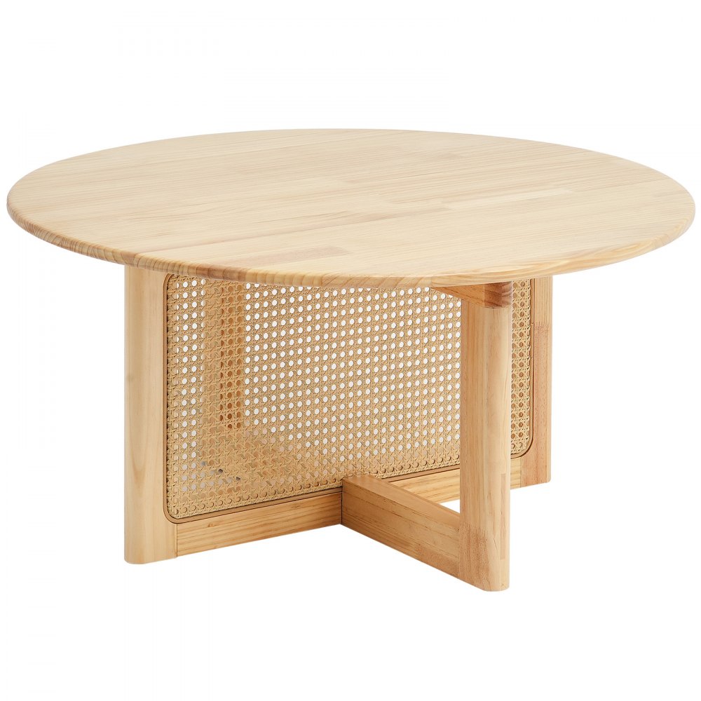 VEVOR Rattan Coffee Table Round Wood Coffee Table Single Tier for Living Room 