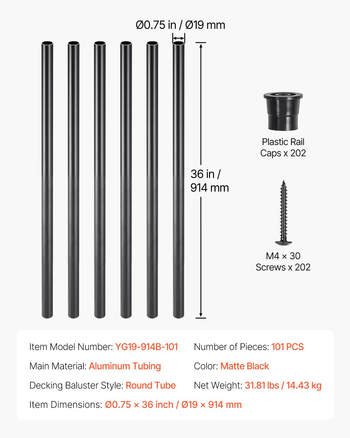 VEVOR Staircase Balusters 101 Pack 36 In Aluminum Spindles with Screws/Rail Caps 