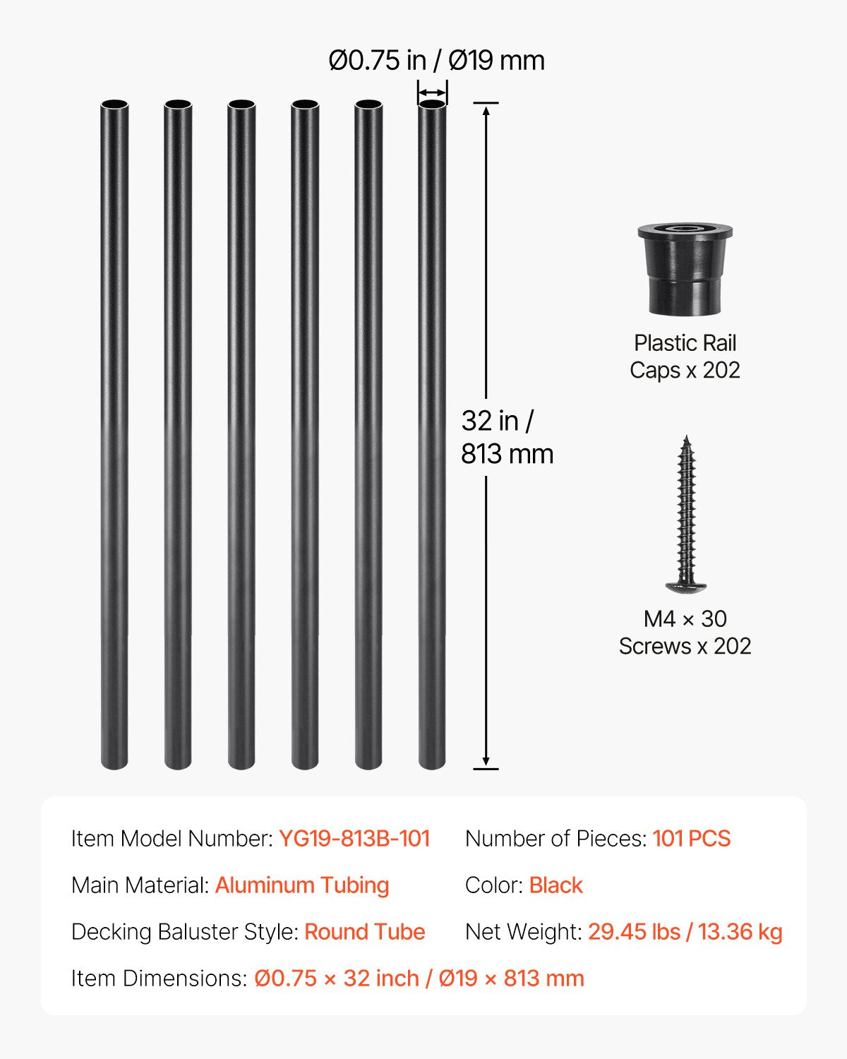 VEVOR Staircase Balusters 101 Pack 32 In Aluminum Spindles with Screws/Rail Caps 