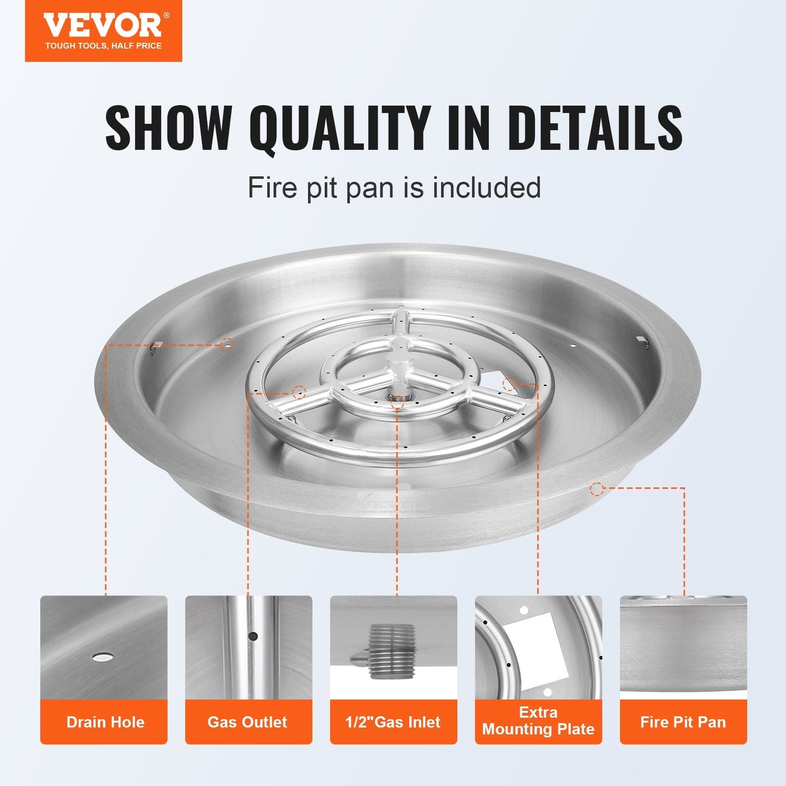 VEVOR 19 inch Round Drop-in Fire Pit Pan, Stainless Steel Fire Pit Burner, Natural & Propane Gas Fire Pan 92,000 BTU with Lid, for Indoor or Outdoor Use 