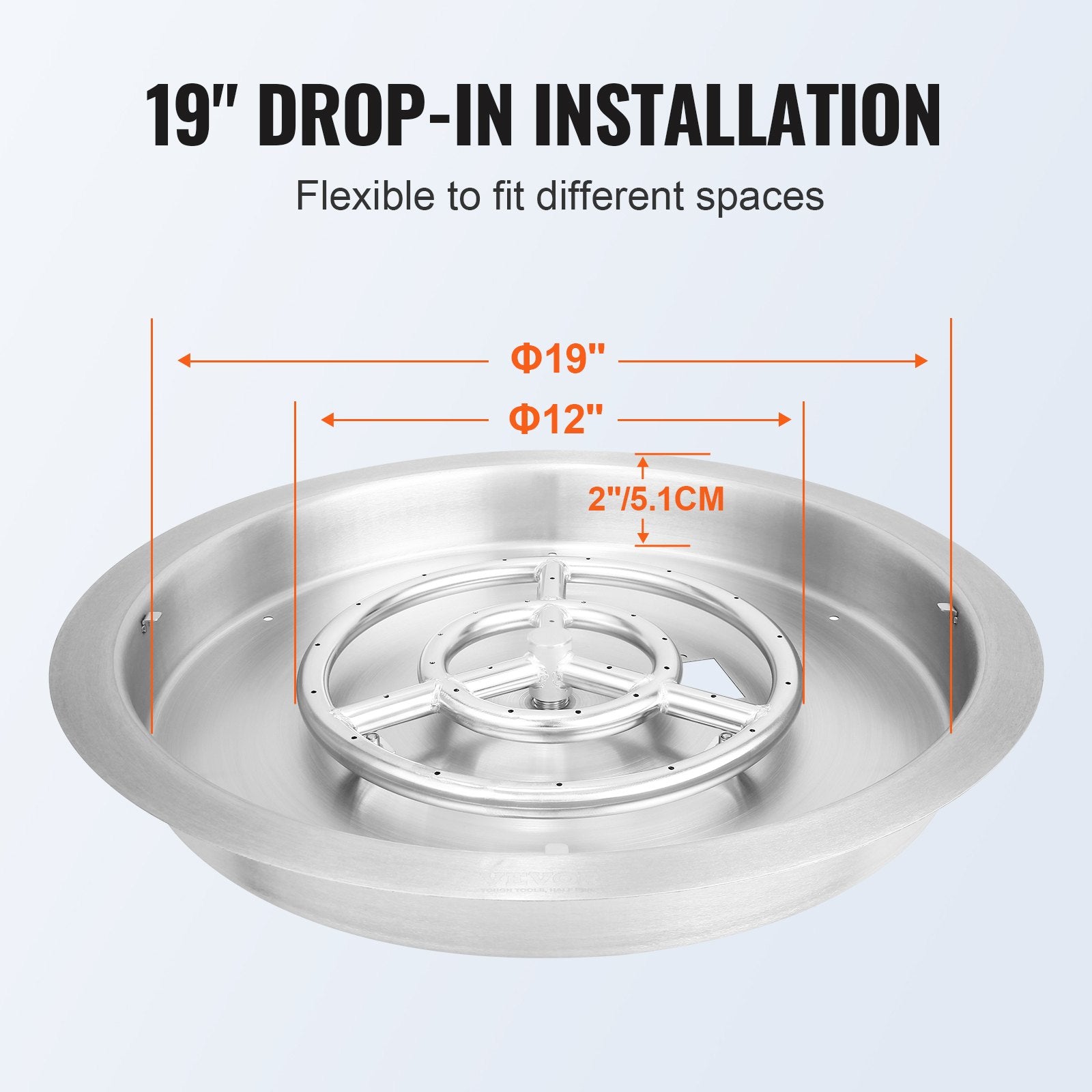 VEVOR 19 inch Round Drop-in Fire Pit Pan, Stainless Steel Fire Pit Burner, Natural & Propane Gas Fire Pan 92,000 BTU with Lid, for Indoor or Outdoor Use 