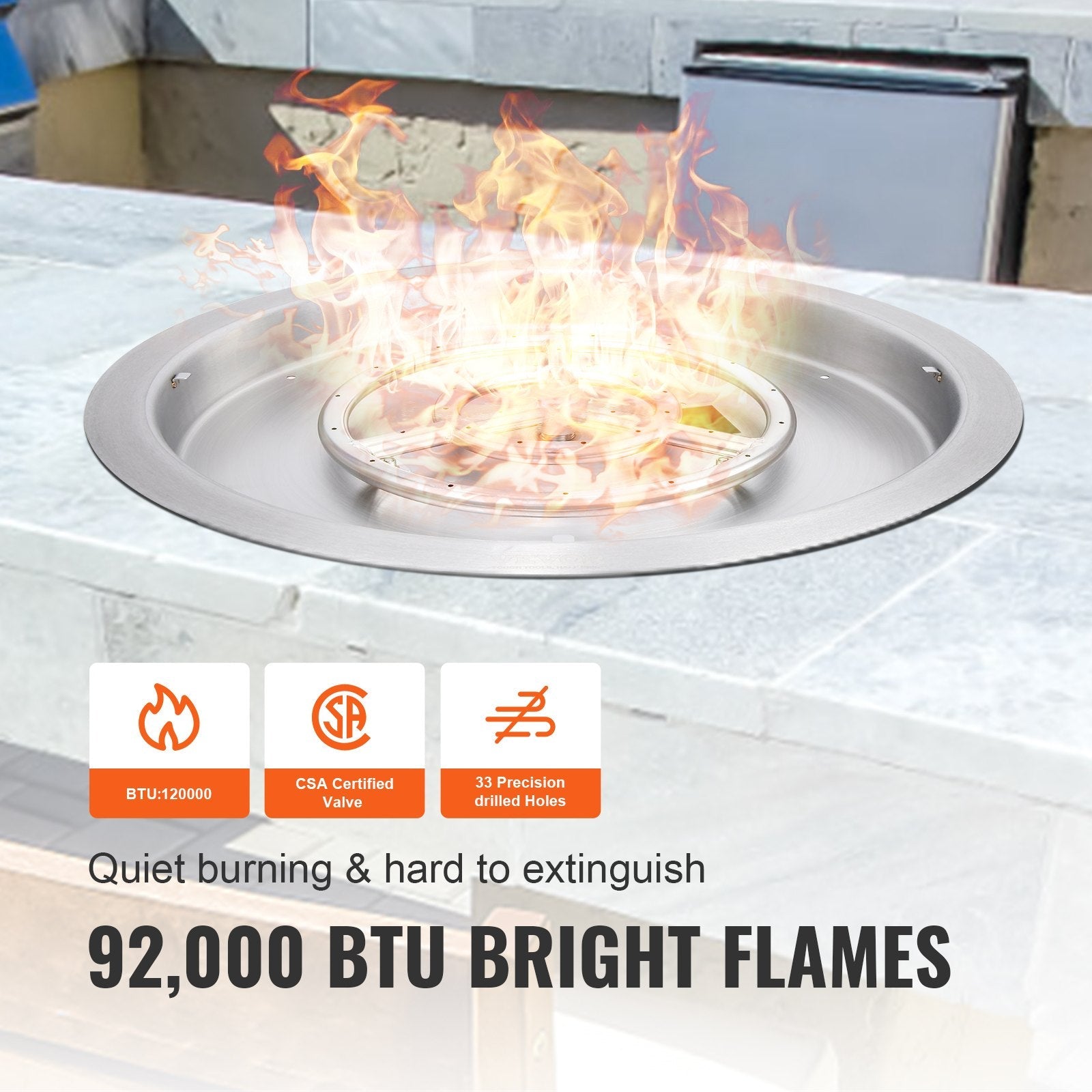 VEVOR 19 inch Round Drop-in Fire Pit Pan, Stainless Steel Fire Pit Burner, Natural & Propane Gas Fire Pan 92,000 BTU with Lid, for Indoor or Outdoor Use 