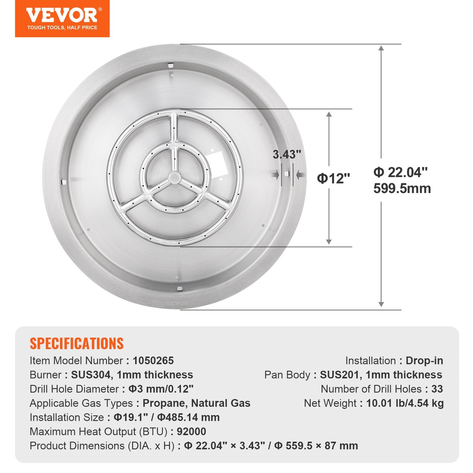 VEVOR 19 inch Round Drop-in Fire Pit Pan, Stainless Steel Fire Pit Burner, Natural & Propane Gas Fire Pan 92,000 BTU with Lid, for Indoor or Outdoor Use 