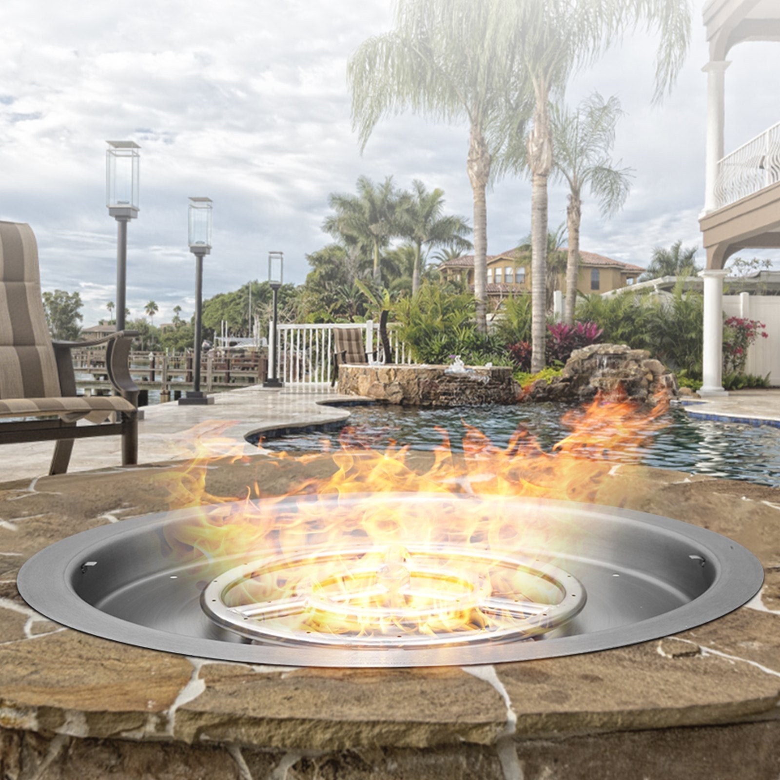 VEVOR 19 inch Round Drop-in Fire Pit Pan, Stainless Steel Fire Pit Burner, Natural & Propane Gas Fire Pan 92,000 BTU with Lid, for Indoor or Outdoor Use 