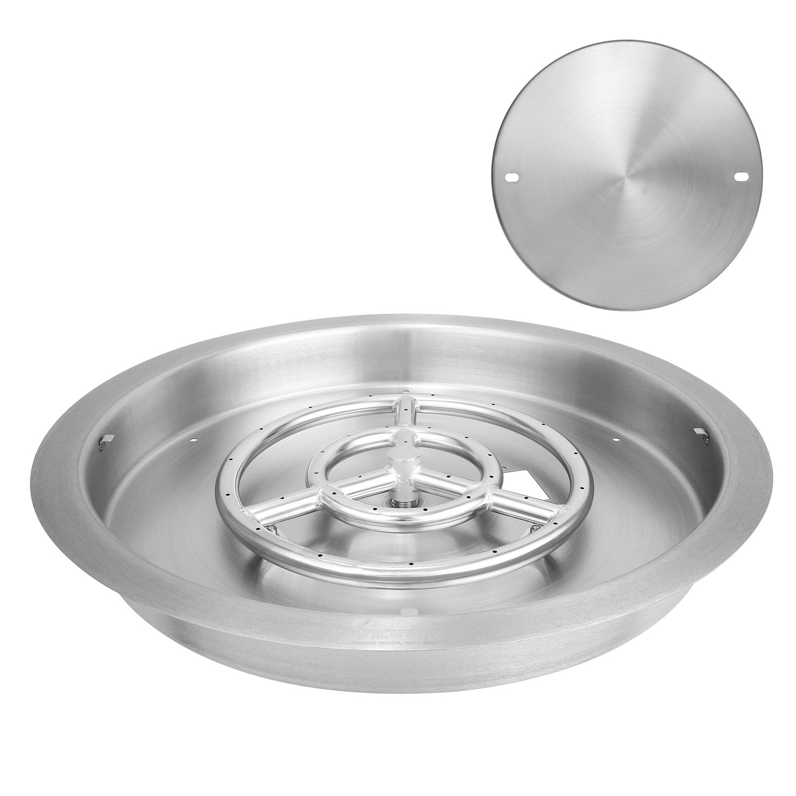 VEVOR 19 inch Round Drop-in Fire Pit Pan, Stainless Steel Fire Pit Burner, Natural & Propane Gas Fire Pan 92,000 BTU with Lid, for Indoor or Outdoor Use 