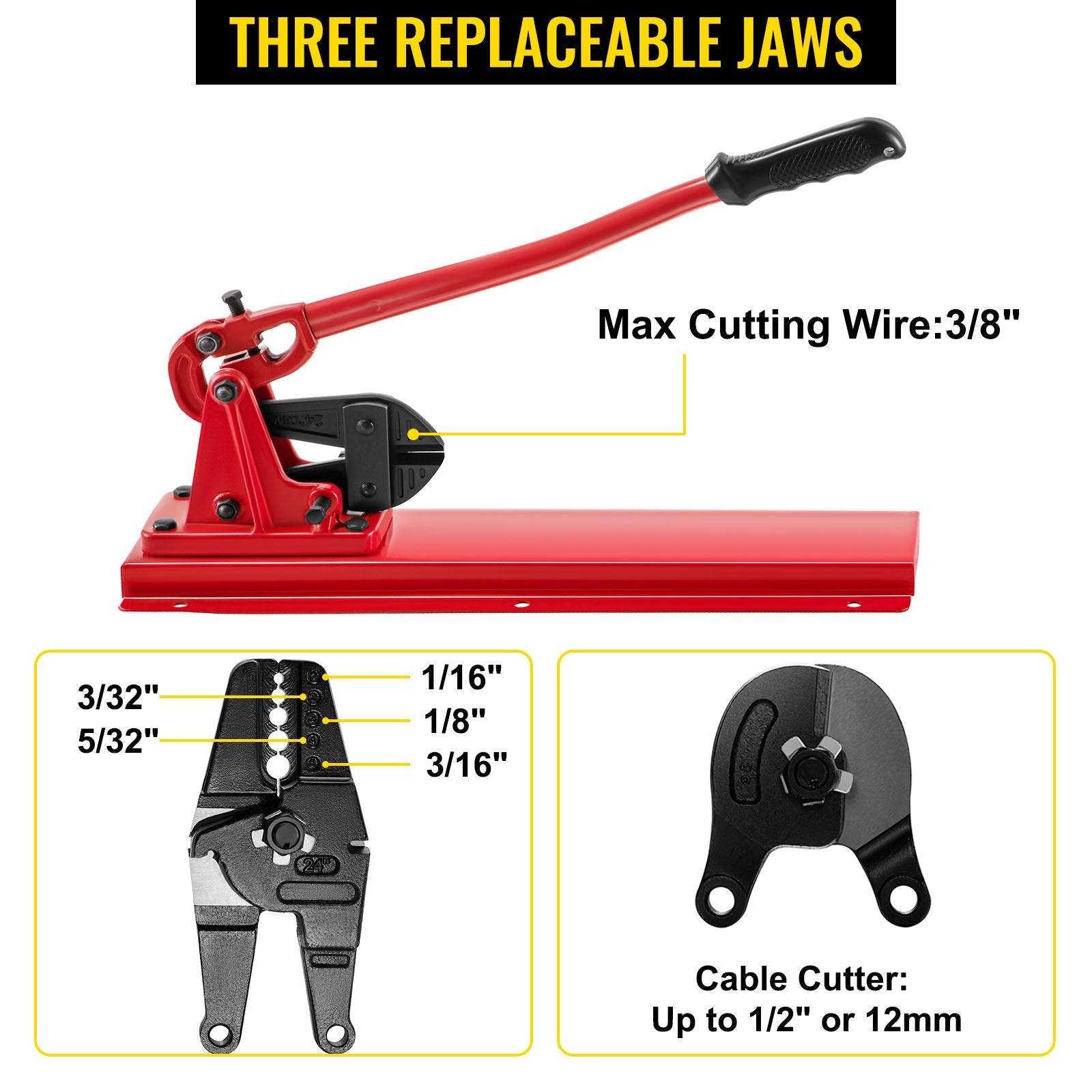 VEVOR Bench Swager Tool 24" Wire Rope Swaging Tool w/Crimper Cable Bolt Cutter Head Bench Crimper 1/16"-3/16" Aluminum/Copper Sleeves Bench Cable Alloy Steel Crimper Swager for1/2" Wire Rope Ferrules 
