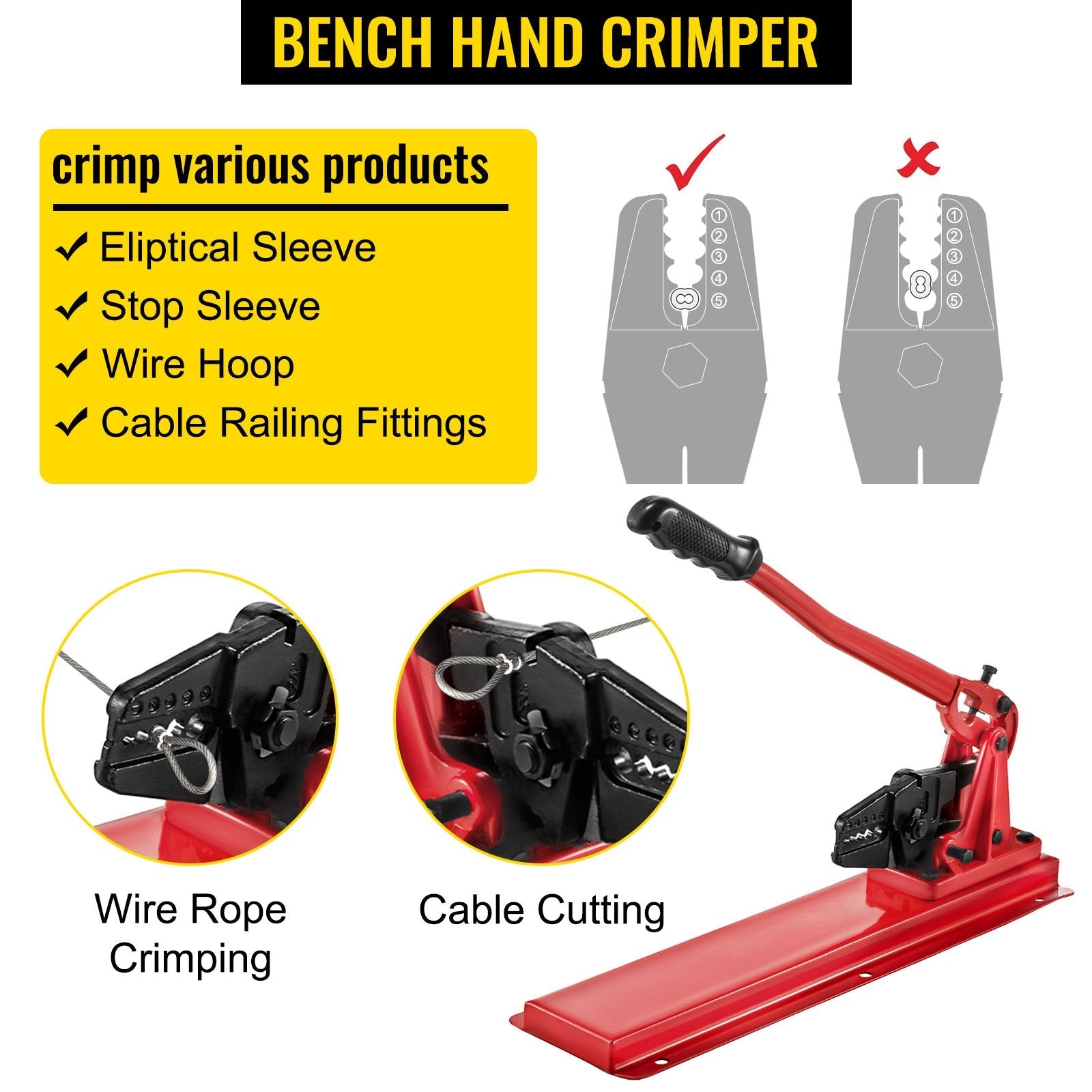 VEVOR Bench Swager Tool 24" Wire Rope Swaging Tool w/Crimper Cable Bolt Cutter Head Bench Crimper 1/16"-3/16" Aluminum/Copper Sleeves Bench Cable Alloy Steel Crimper Swager for1/2" Wire Rope Ferrules 