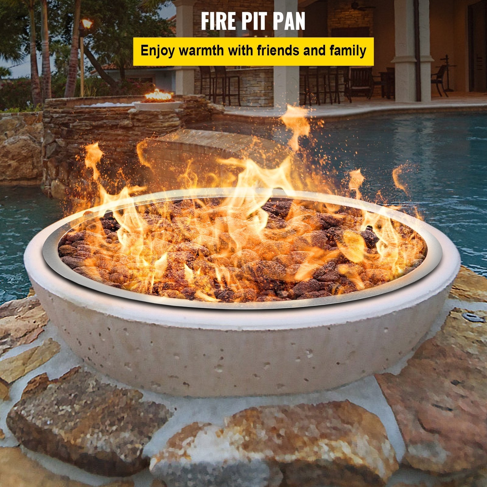 VEVOR Drop in Fire Pit Pan, 31" x 31" Round Fire Pit Burner, Stainless Steel Gas Fire Pan, Fire Pit Burner Pan w/ 1 Pack Volcanic Rock Fire Pit Insert w/ 300K BTU for Keeping Warm w/ Family & Friends 
